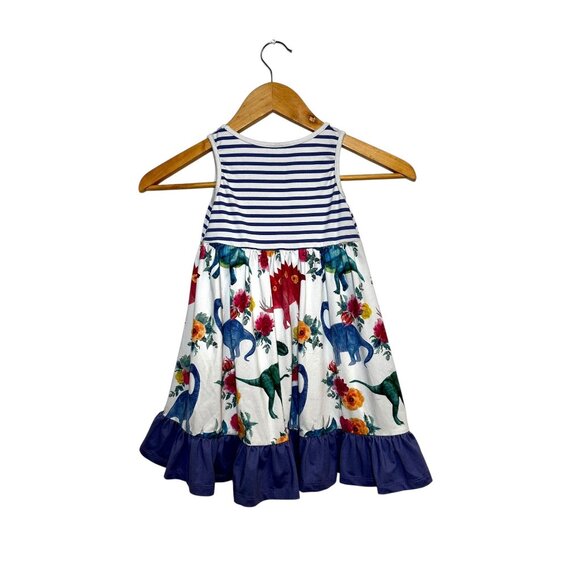 Penelope Plumm Girls Dinosaur Dress Size 4 | Floral Dino Striped Ruffle Hem Sund - Picture 4 of 6